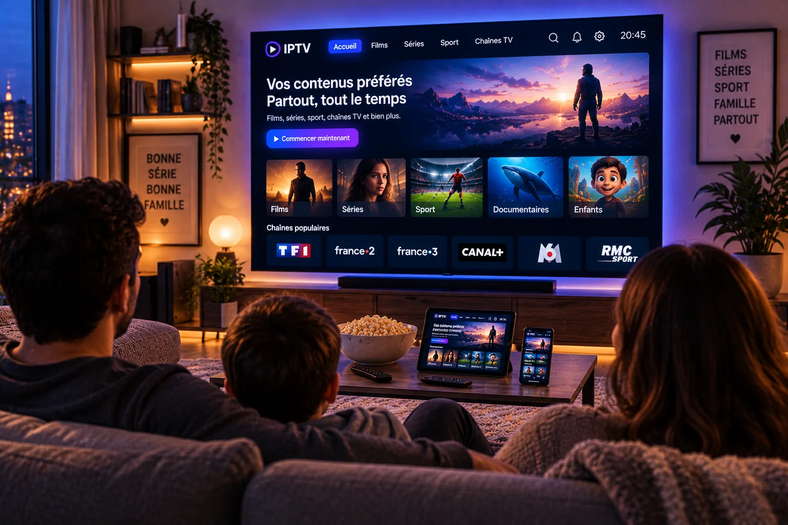 Famille profitant d'un abonnement IPTV sur plusieurs appareils