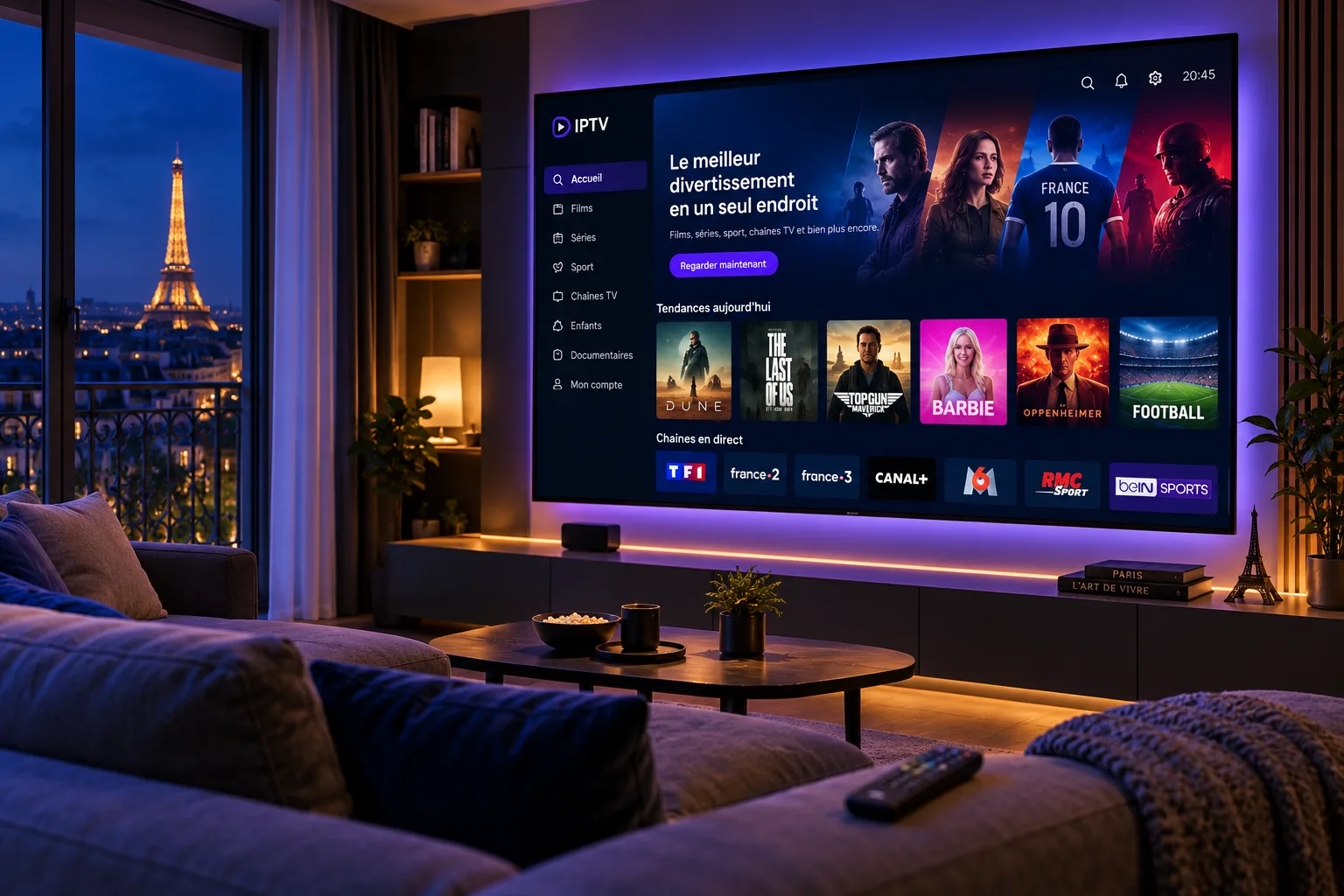 Téléviseur affichant une interface de streaming dans un salon moderne — abonnement IPTV France