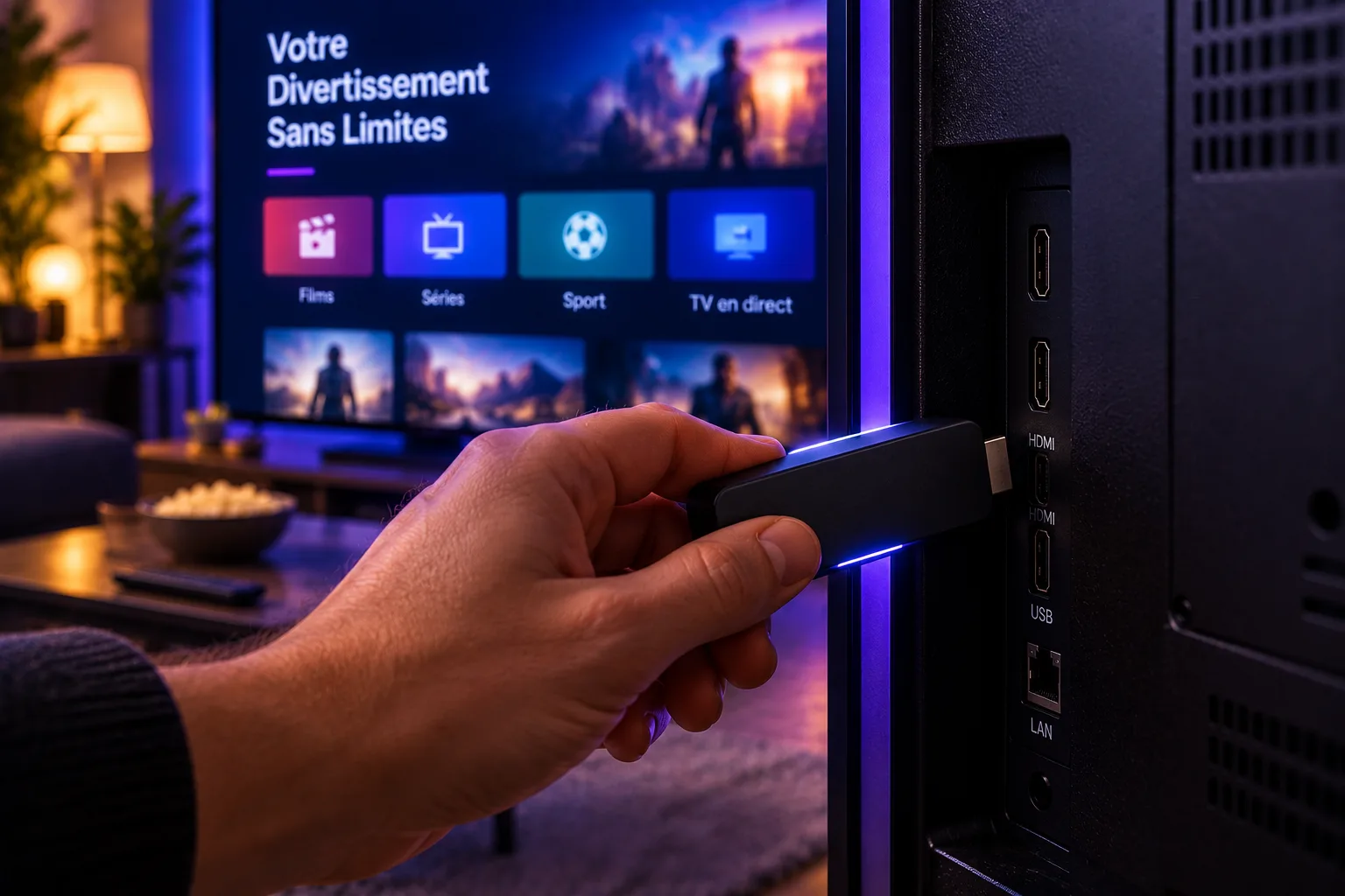 Boîtier HDMI branché sur un téléviseur — IPTV sur Fire Stick