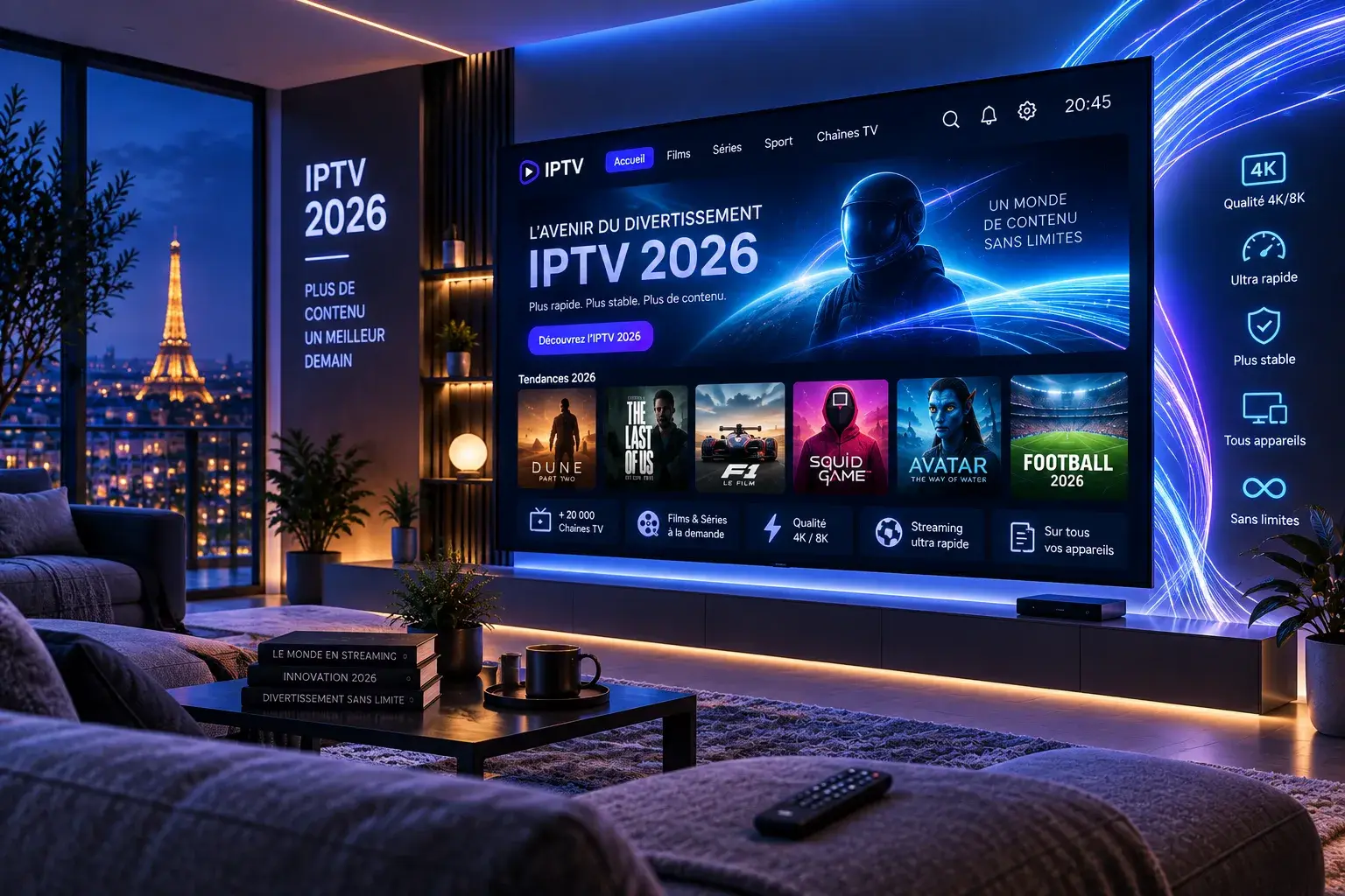 Salon futuriste illustrant les tendances IPTV 2026